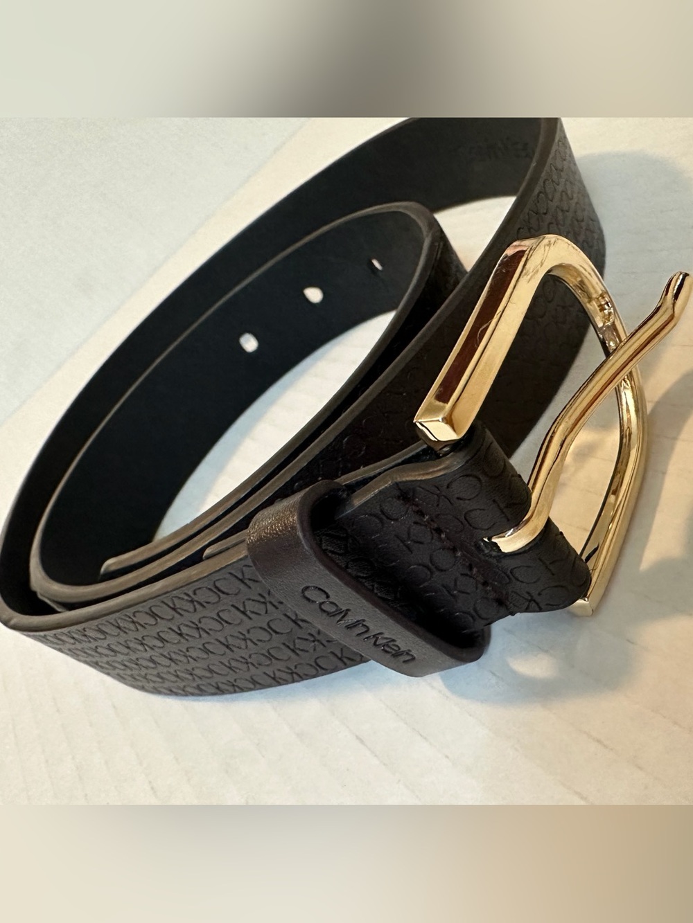 Calvin Klein Black CK Monogram Belt Silver Buckle Like New